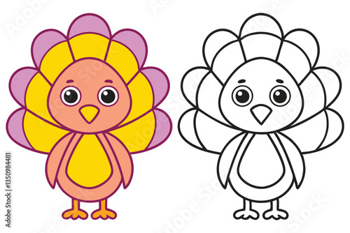 Adorable Cartoon Turkey Coloring Page Illustration for Kids Thanksgiving