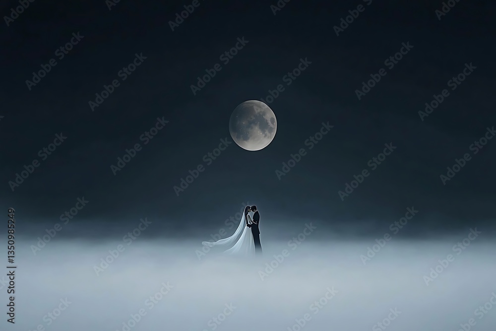 Fototapeta premium Moonlit Couple's Embrace in Fog.