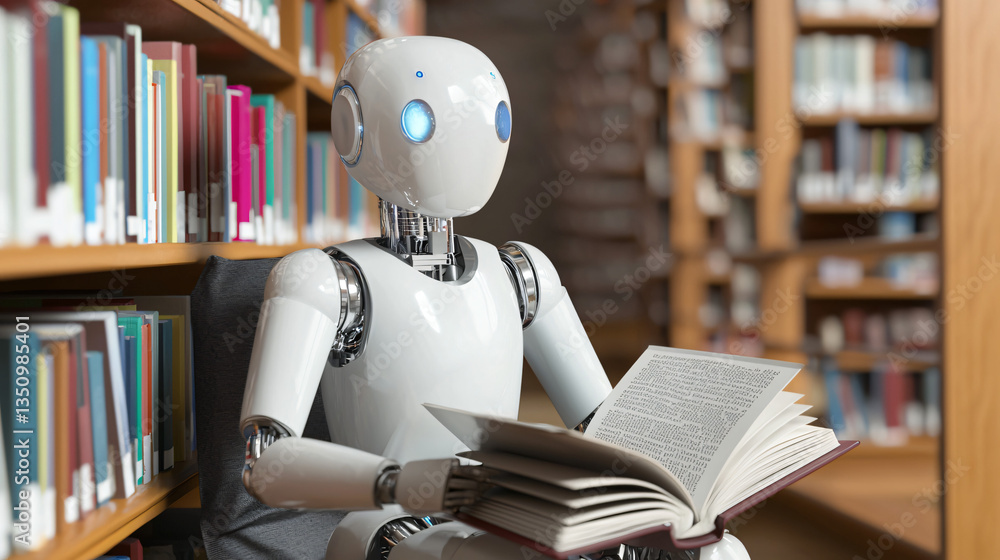 A robot with artificial intelligence sitting in a library, reading a book, representing the fusion of technology and knowledge.
A robot with artificial intelligence sitting in a library, reading a book, representing the fusion of technology and knowledge.