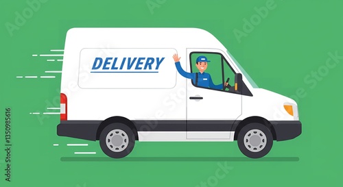 Fast Delivery Service Van with Happy Driver Waving Speeding Along Green Background