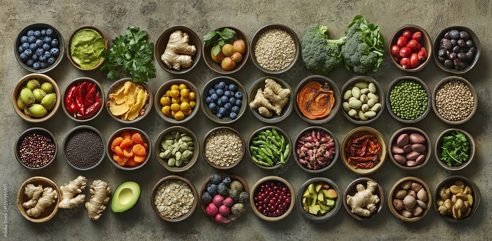 Colorful Healthy Food Bowls on Dark Background Showing Diversity of Ingredients Colorful Healthy Food Bowls on Dark Background Showing Diversity of Ingredients