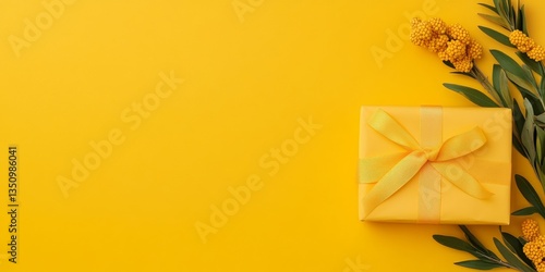 A gift box and mimosa flowe...