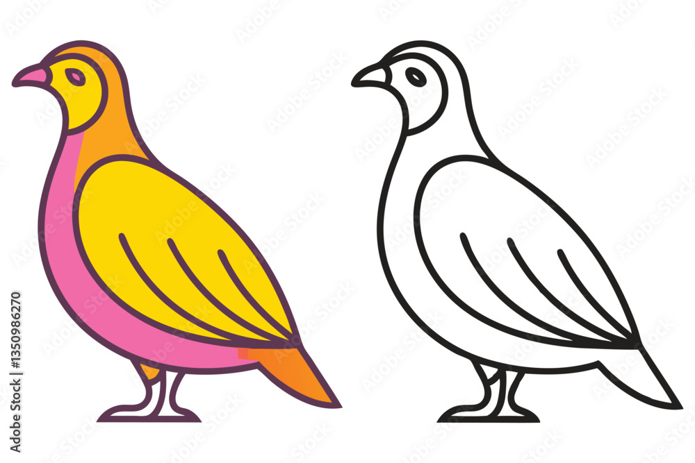 Fototapeta premium Colorful Bird Illustration with Line Art Version Bird Images Showing Two Styles of a Quail a Pink and Yellow Bird and a Black and White Outline Bird