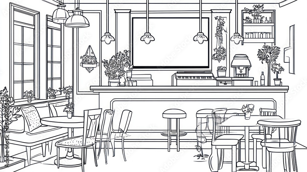 Obraz premium Interior Cafe Design Sketch, Empty Space, Plants, Bar, Seating