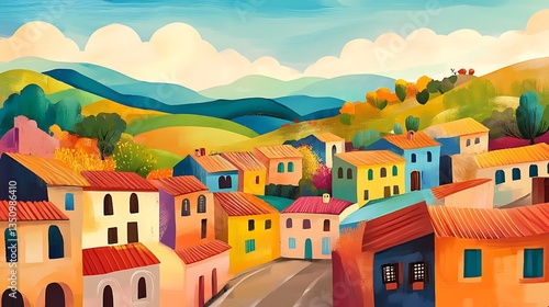 Fototapeta Naklejka Na Ścianę i Meble -  Colorful village with autumn hills.