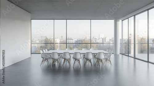 Modern conference room with city view, empty.  Suitable for corporate presentations