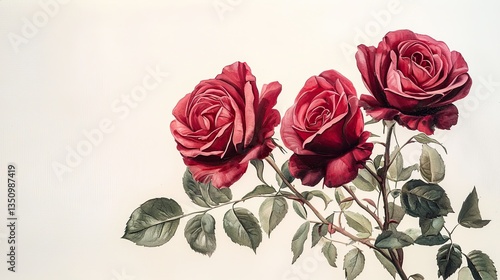 Three red roses arranged beautifully with leaves and stems