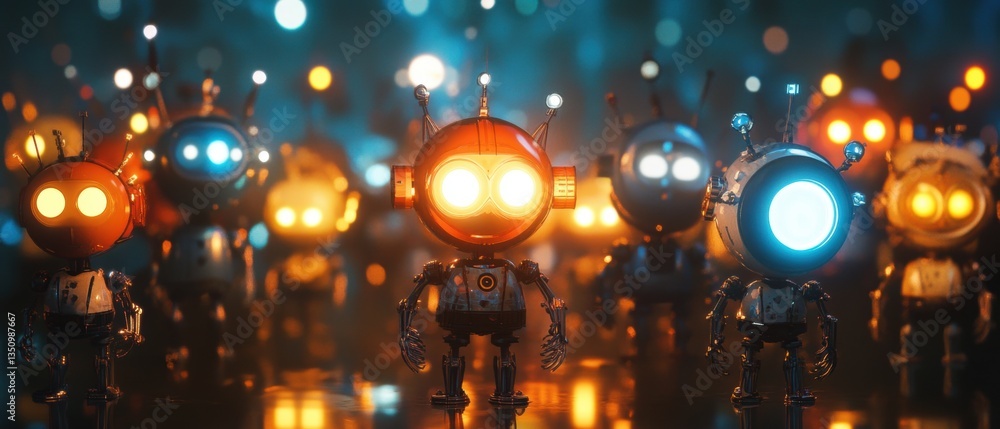 Colorful Robots with Glowing Eyes in a Futuristic Setting, Displaying Unique Designs and Intricate Details Against a Vibrant Background of Bokeh Lights Colorful Robots with Glowing Eyes in a Futuristic Setting, Displaying Unique Designs and Intricate Details Against a Vibrant Background of Bokeh Lights
