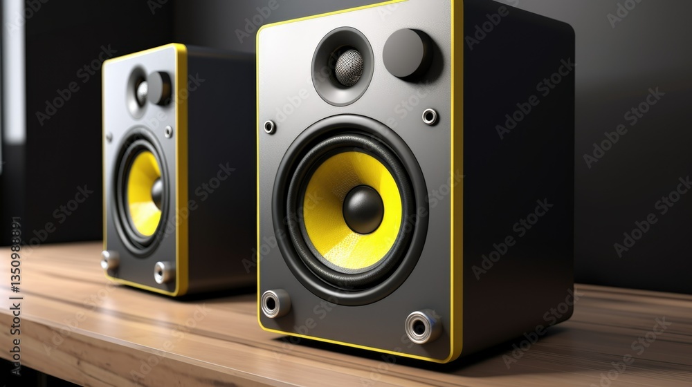 Two black speakers are on a table of listening to loud music, audio on beautiful background Two black speakers are on a table of listening to loud music, audio on beautiful background