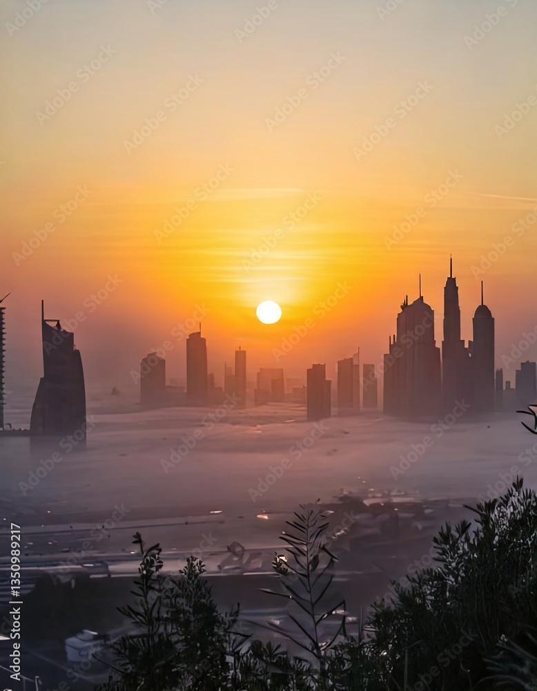 Fototapeta premium Sunset over a futuristic city skyline with iconic skyscrapers and a warm orange-to-purple sky gradient, surrounded by silhouettes of palm trees and urban lights.