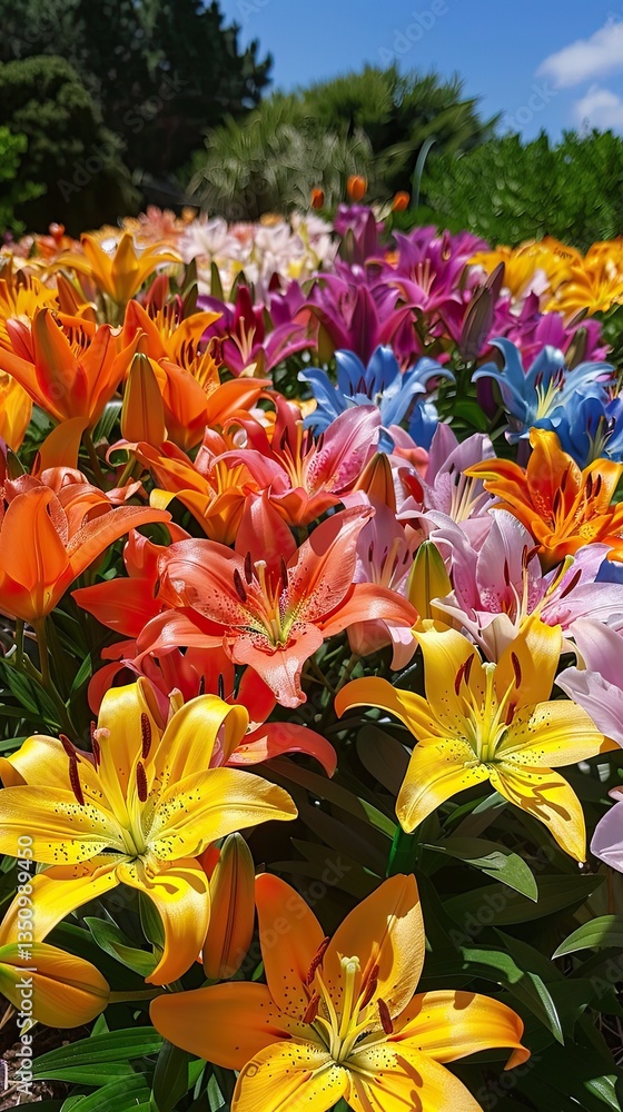 Obraz premium Colorful Lily Garden in Full Bloom Under Blue Sky