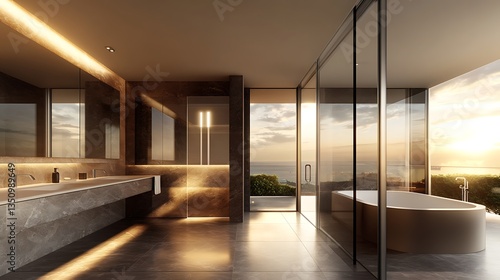 Wallpaper Mural Luxury bathroom with glass walls, a sunset view, and a bathtub for relaxation Torontodigital.ca