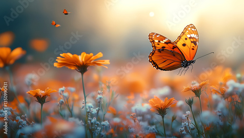 Orange Butterfly Above Blooming Flowers in Sunlight