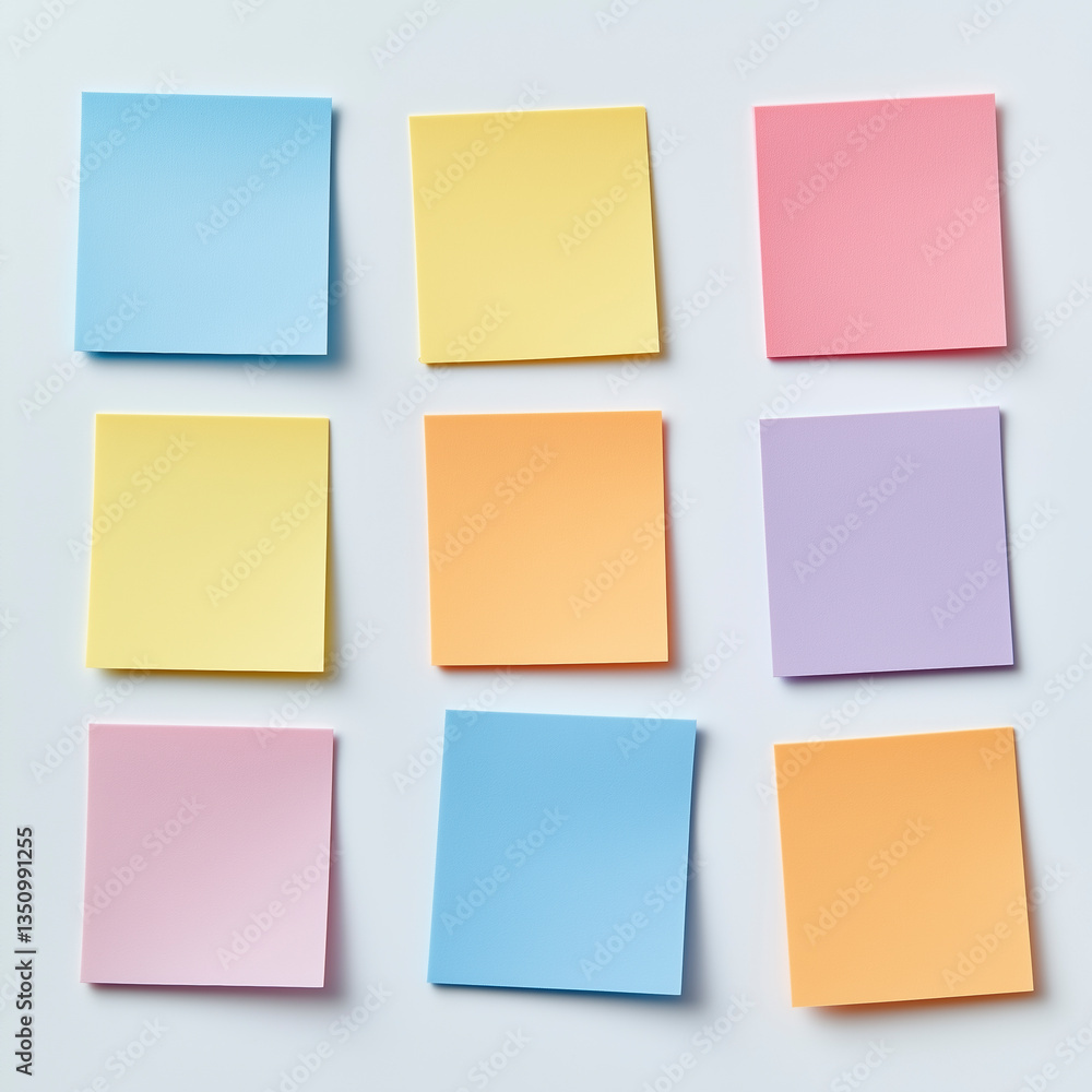 Sleek arrangement of minimalist sticky notes beautifully displayed against a white backdrop. Sleek arrangement of minimalist sticky notes beautifully displayed against a white backdrop.