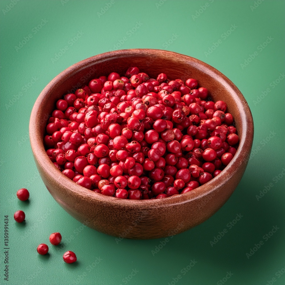 Red peppercorns in bowl on green background Red peppercorns in bowl on green background