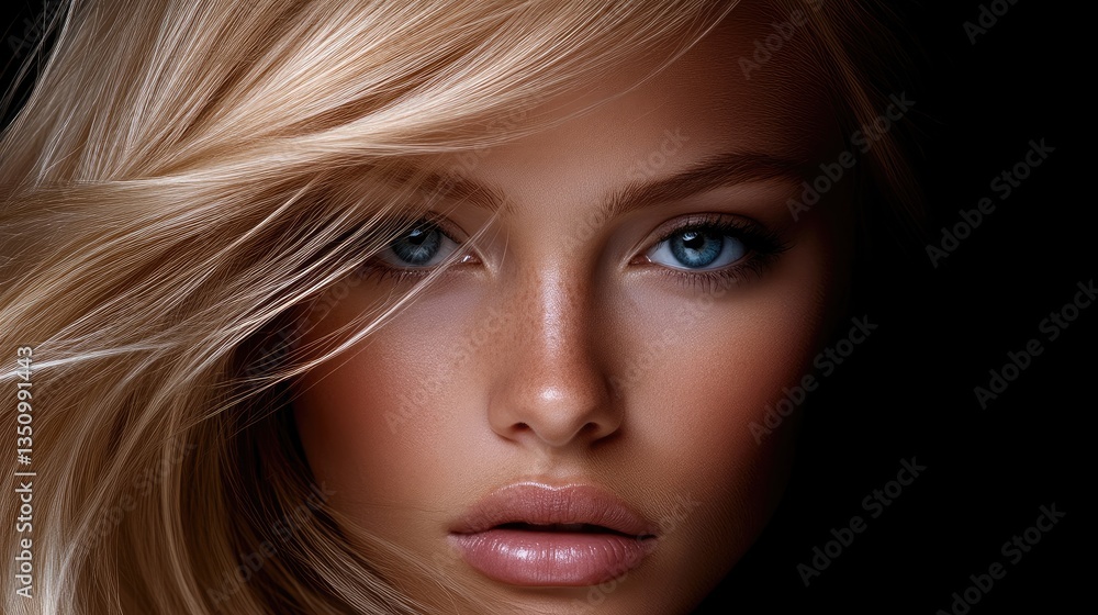 Blond woman with stunning blue eyes and flawless makeup