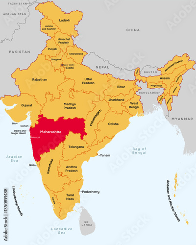 Maharashtra state map, India. Editable vector map with state name, border, and Mumbai capital city.