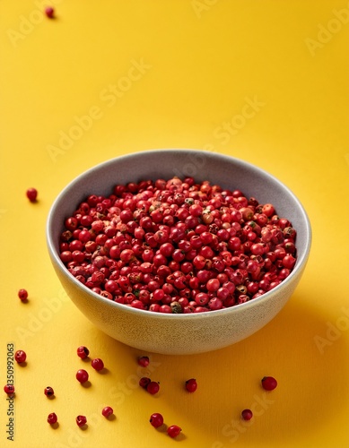 Red peppercorns in bowl on yellow background