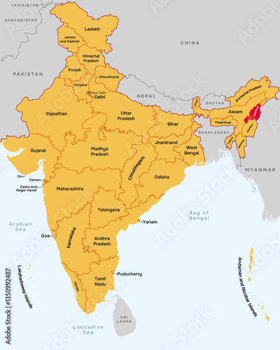 Nagaland state map, India. Editable vector map with state name, border, and Kohima capital city.