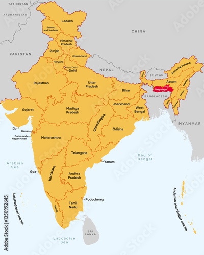 Meghalaya state map, India. Editable vector map with state name, border, and Shillong capital city.