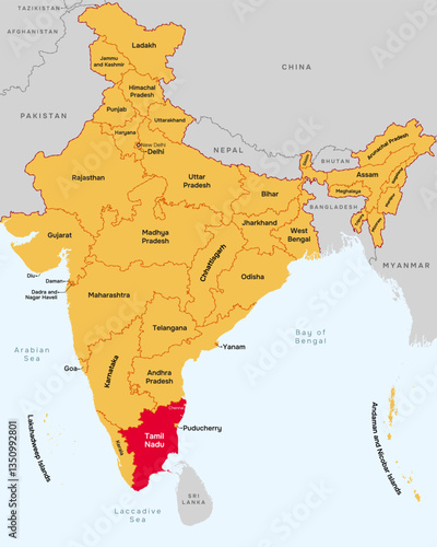 Quadro su tela Tamil Nadu state map, India