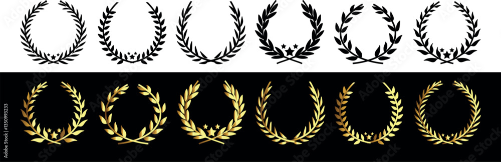 Golden Laurel Wreath Vector Set. Collection of Foliate Award Wreath. Laurel wreath of victory icon, set of gold, silver and bronze medals, laurel frame ranking decoration - vector.
Golden Laurel Wreath Vector Set. Collection of Foliate Award Wreath. Laurel wreath of victory icon, set of gold, silver and bronze medals, laurel frame ranking decoration - vector.
