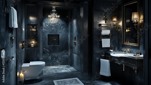 Luxury bathroom interior with marble walls, and modern fixtures and lighting