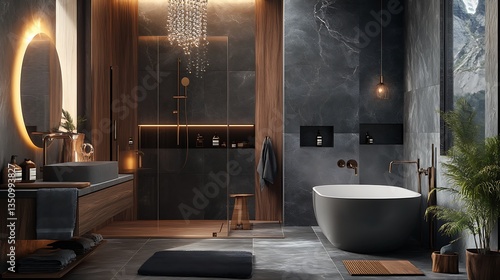 Modern spa-like bathroom interior with a view, featuring a soaking tub and luxury design