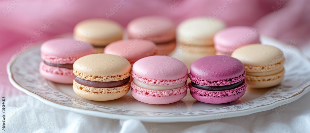 Fototapeta premium Colorful assortment of macarons on a delicate plate with soft pink background showcasing sweet desserts for gourmet treats and special occasions
