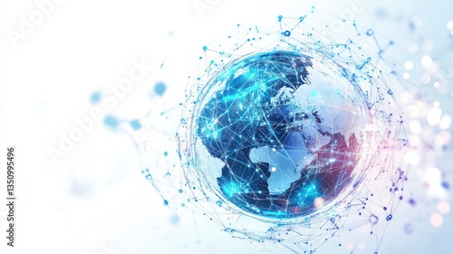 Earth on White Background with Encircling Electronic Neural Network Symbolizing AI，Futuristic blue 