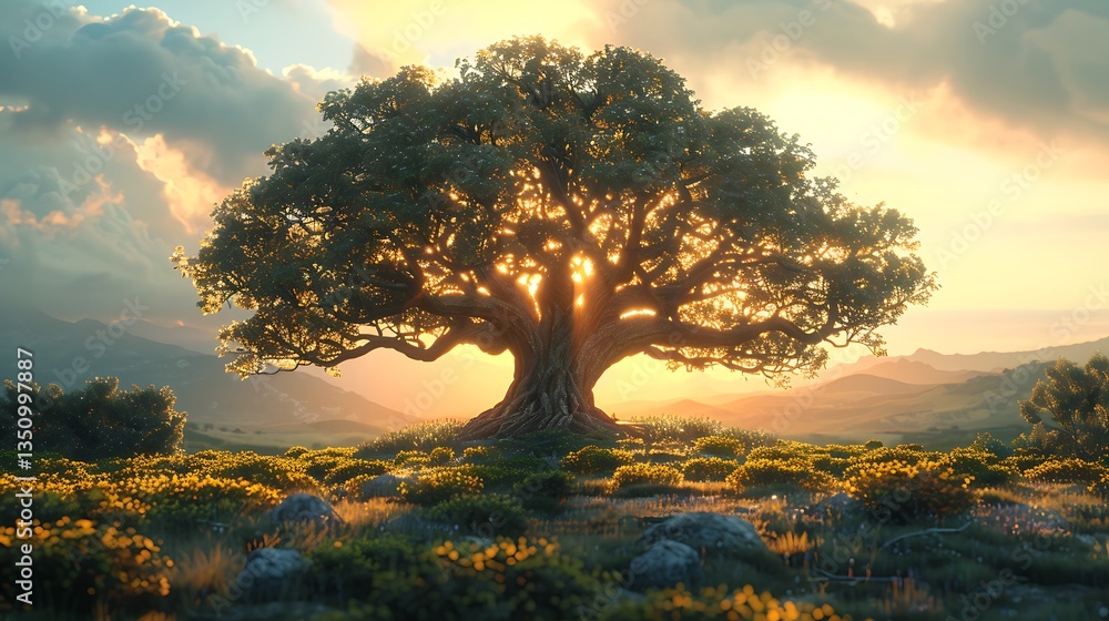 Majestic tree silhouetted against a sunset, surrounded by lush greenery and distant mountains Majestic tree silhouetted against a sunset, surrounded by lush greenery and distant mountains