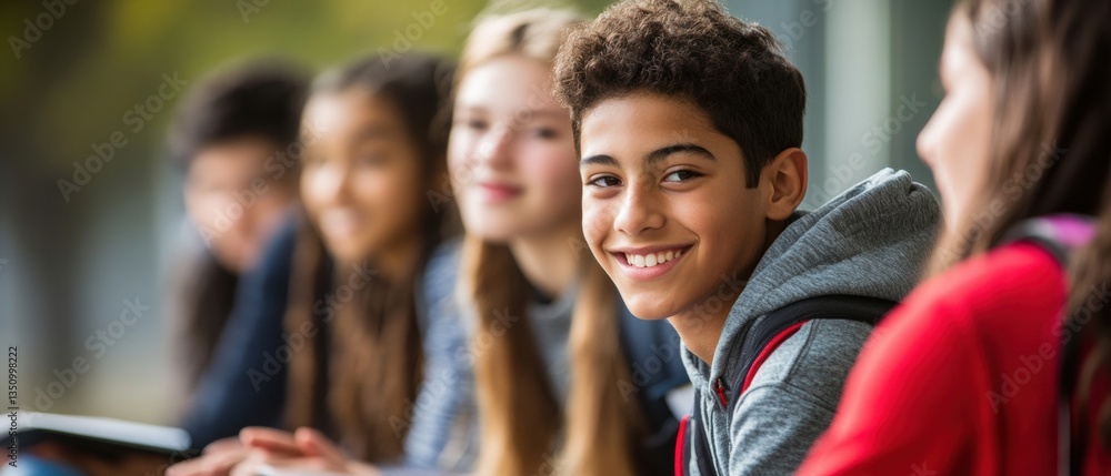 Group of diverse teenagers smiling and interacting with each other during a school day in an outdoor setting with bright natural lighting Group of diverse teenagers smiling and interacting with each other during a school day in an outdoor setting with bright natural lighting