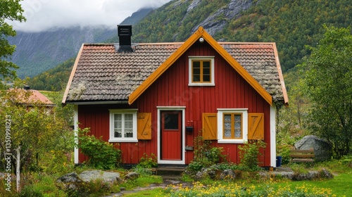 Wallpaper Mural Red Norwegian cabin, mountains backdrop, autumnal foliage, vacation rental Torontodigital.ca