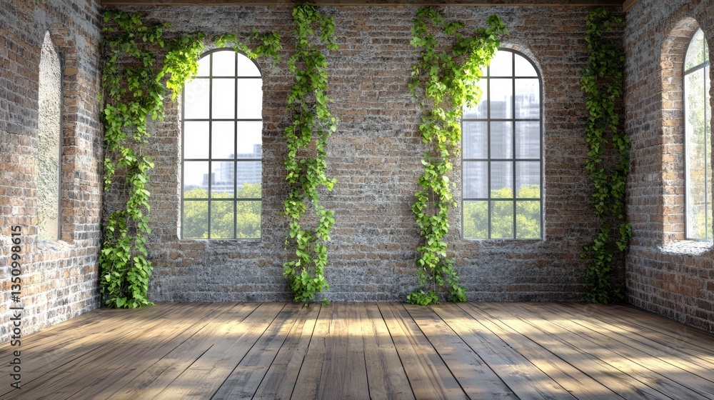 Fototapeta premium Ivy-covered brick loft, city view, sunlight, hardwood floor, empty space, interior design