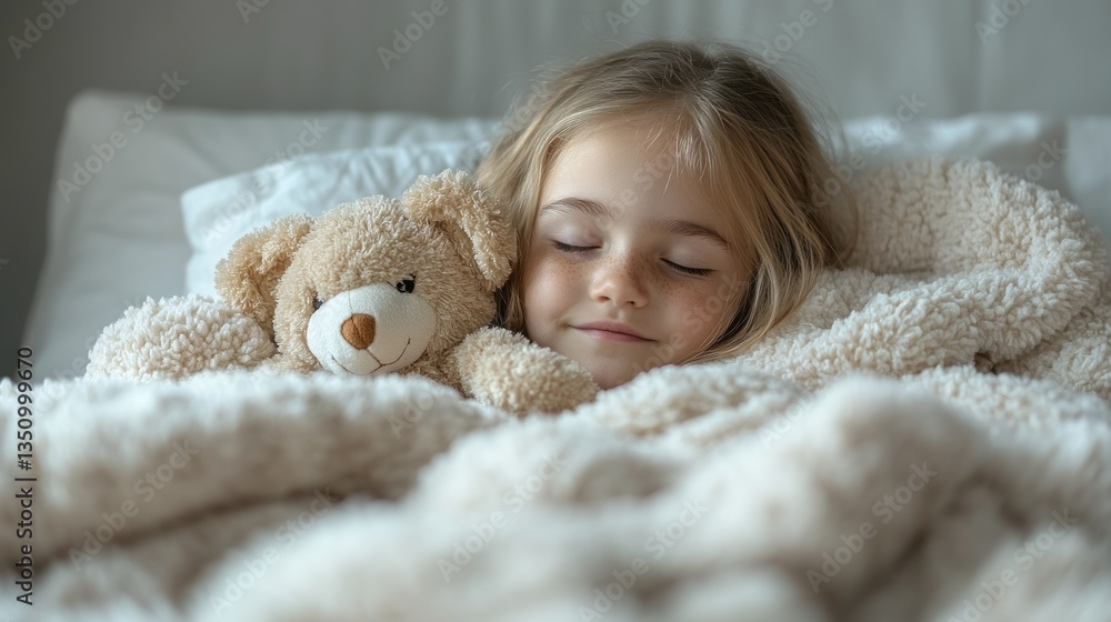 Child sleeping peacefully in bed with teddy bear Child sleeping peacefully in bed with teddy bear