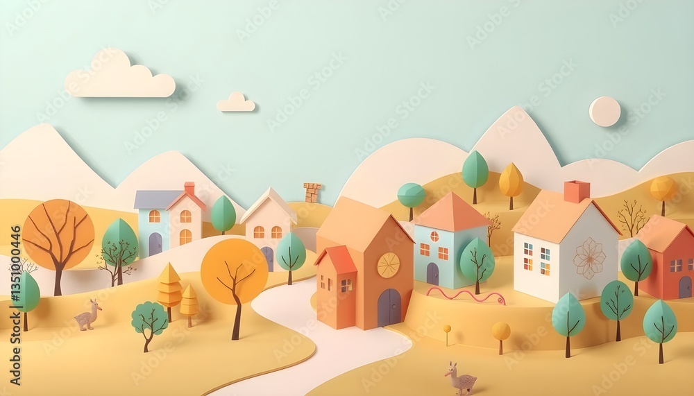Spring summer landscape illustration, papercut style Spring summer landscape illustration, papercut style