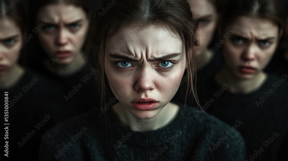 Intense Portrait of Young Woman with Multiple Expressions in Dark Atmosphere, Conveying Emotion and Depth in a Unique Artistic Composition Intense Portrait of Young Woman with Multiple Expressions in Dark Atmosphere, Conveying Emotion and Depth in a Unique Artistic Composition