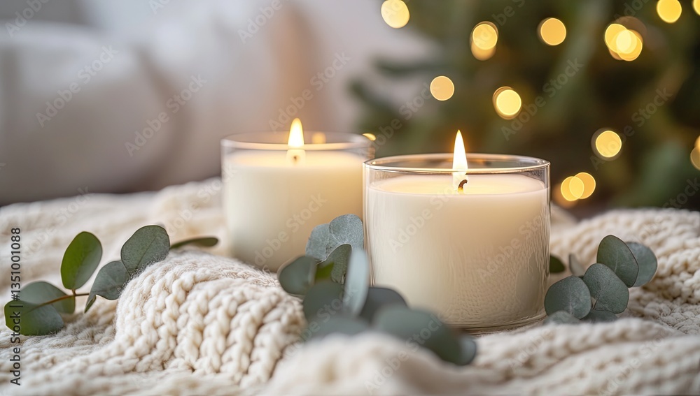 Cozy Christmas candles on a knitted blanket. Soft lighting with warm tones Cozy Christmas candles on a knitted blanket. Soft lighting with warm tones