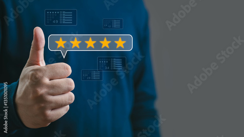 Canvas Print Thumbs up gesture with a five-star rating symbol, representing customer satisfaction, quality feedback, and business excellence