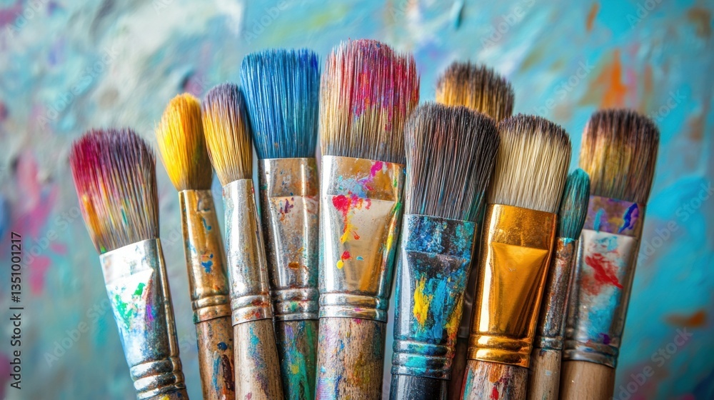 Fototapeta premium Colorful Paintbrushes Arrangement on Artistic Background with Bright Blots and Strokes