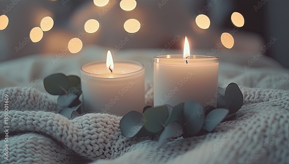 Two candles, warm light, cozy ambiance. Soft, glowing light from two candles placed on a knitted blanket with eucalyptus leaves. Festive, relaxed, and inviting Two candles, warm light, cozy ambiance. Soft, glowing light from two candles placed on a knitted blanket with eucalyptus leaves. Festive, relaxed, and inviting