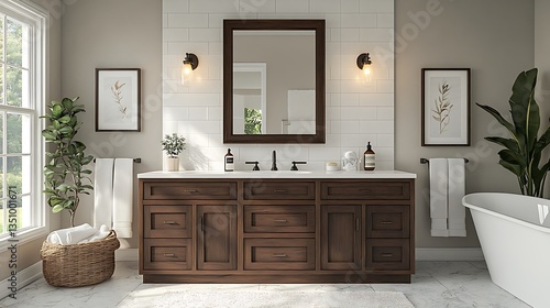 Elegant bathroom interior with a vanity, window, tub, and decorative elements