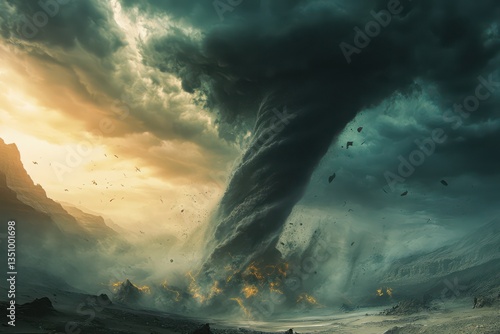 Destructive tornado over mountains, fiery debris, apocalyptic sunset. Stock photo for disaster movie