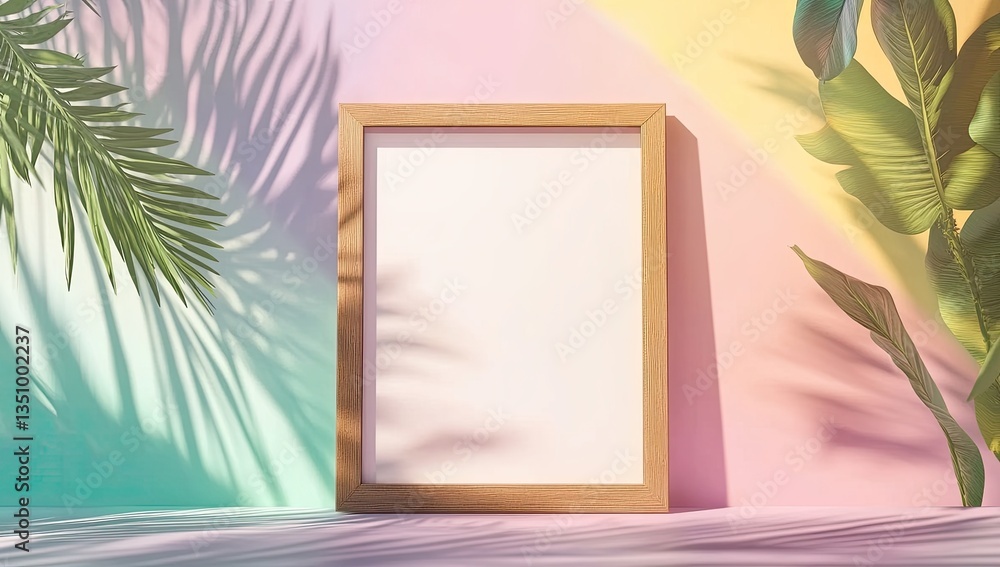 Empty picture frame, pastel backdrop, tropical foliage. Soft shadows Empty picture frame, pastel backdrop, tropical foliage. Soft shadows