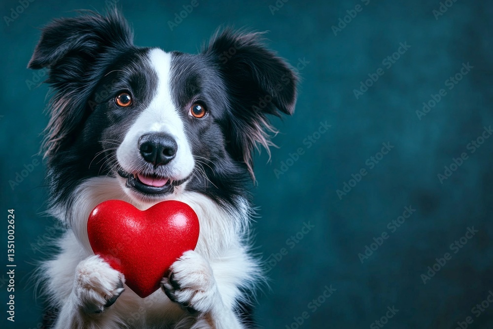Fototapeta premium Cute border collie doggy with diamond red heart - sign of love, funny greeting card. Border collie - my treasured dog. Commercial conceptual art. Pet love and friendship. Animal friendship.