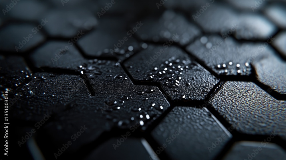 Dark hexagonal pattern, wet surface. Close-up view of water droplets on a textured surface composed of repeating hexagonal shapes. Dark hexagonal pattern, wet surface. Close-up view of water droplets on a textured surface composed of repeating hexagonal shapes.