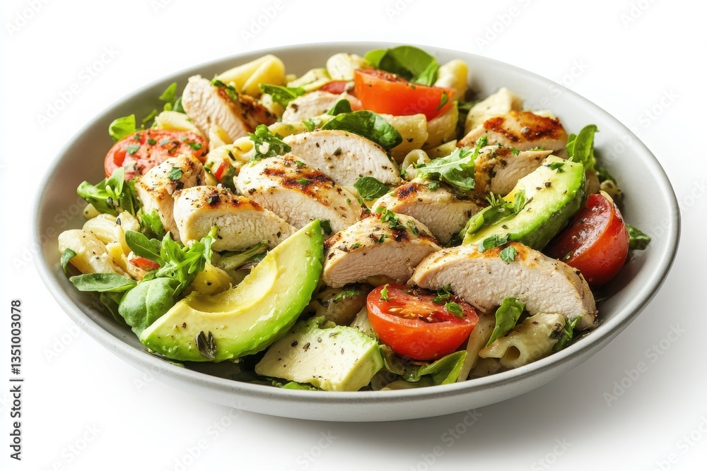 Set of Chicken pasta salad with avocado and tomato in a plate isolated on white background Set of Chicken pasta salad with avocado and tomato in a plate isolated on white background