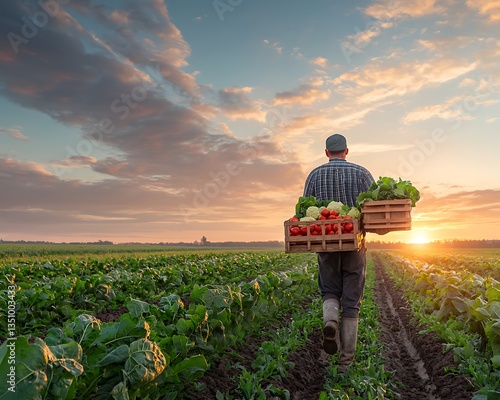 Farmer Harvesting Sunset Vegetables Field. (1)
