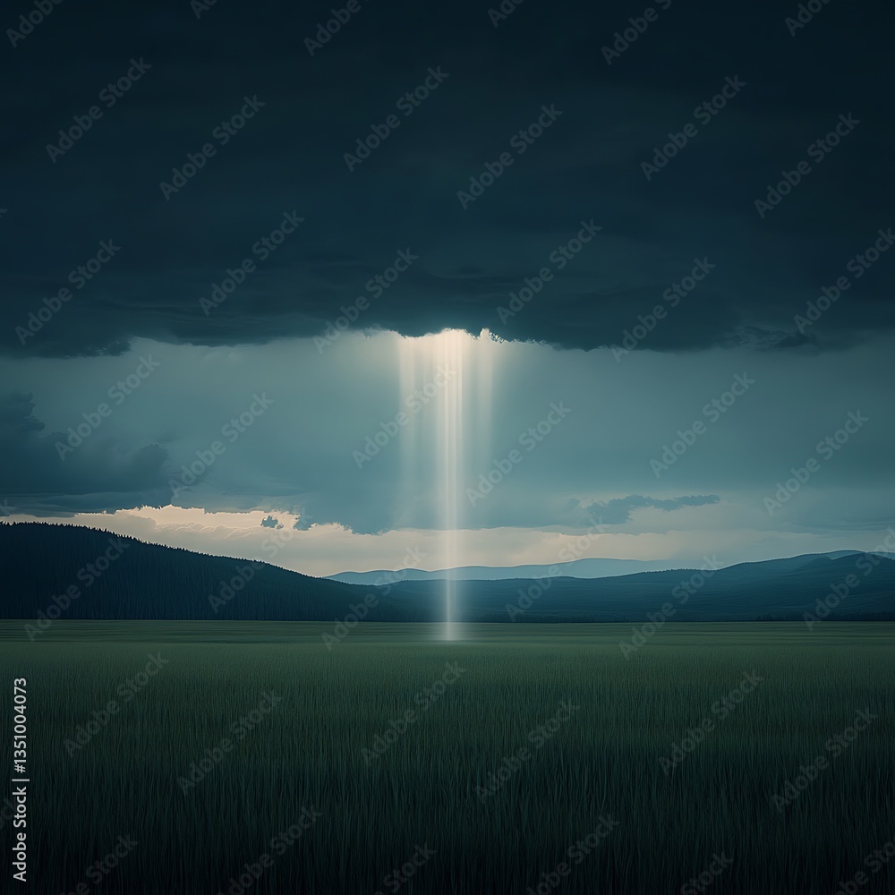 Light beam through storm clouds with field. Light beam through storm clouds with field.