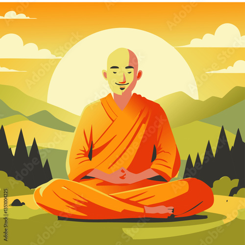 Smiling Monk in Orange Robe Meditating Outdoors with a Peaceful Mountain Landscape and Clear Sky in a Flat Vector Illustration


